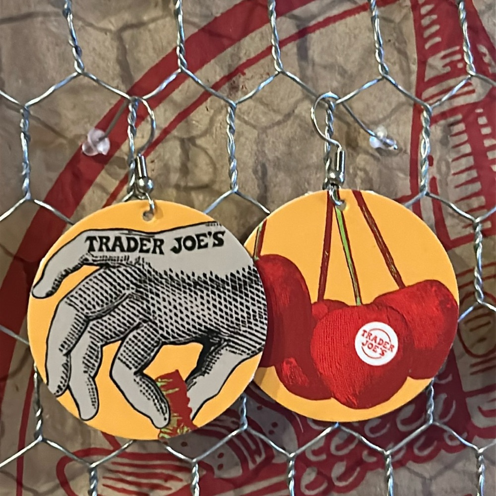 Trader Joe’s earrings circle hand with cherries recycled gift card